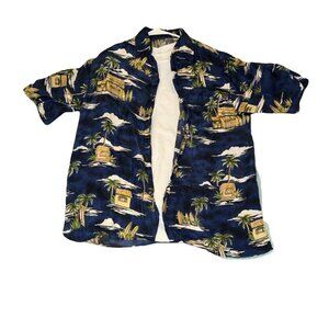 🌴 Silk Traders Hawaiian Shirt | Navy Palm Leaves 100% Silk (Size L)